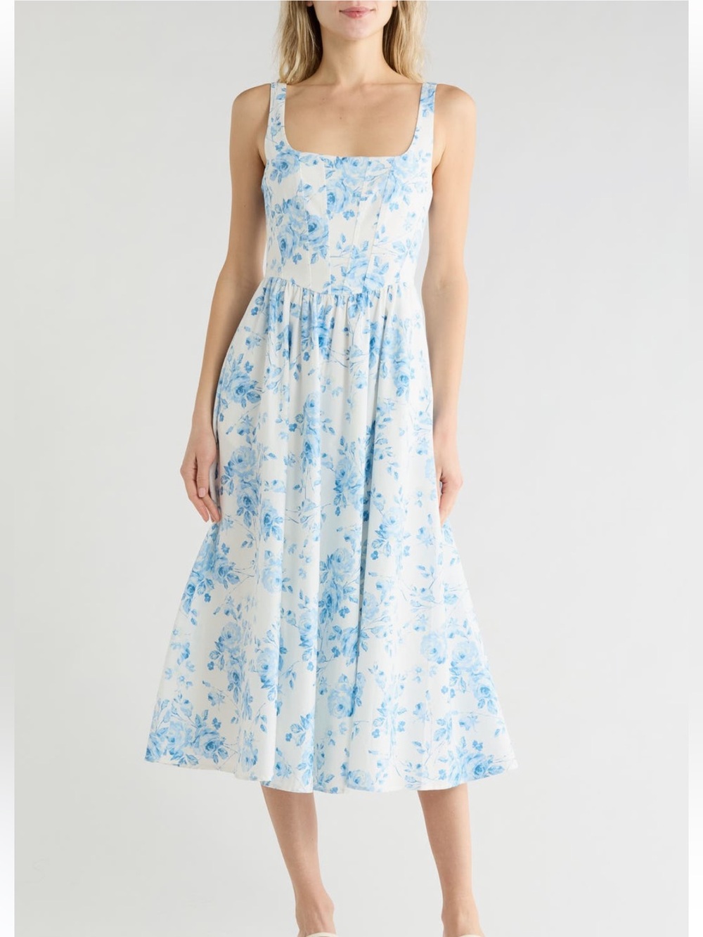 NWT WAYF FLORAL CORSET SLEEVELESS MIDI DRESS- BlueToile Roses